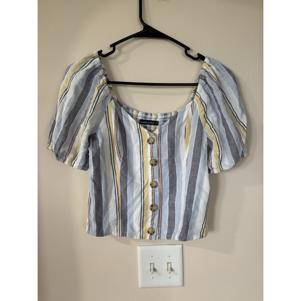 Abercrombie & Fitch Top Womens XS Blue Yellow Linen Blend Short Sleeve Crop